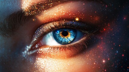 Close-Up of Woman's Eye with Cosmic and Glittering Surroundings Reflecting a Dreamlike Universe