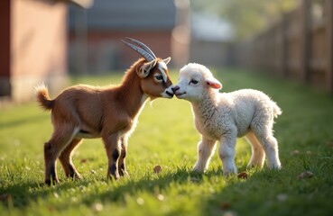 Obraz premium Small brown goat kid and lamb standing next to each other at farm on sunny day. Sheep and goat kids grazing together in green field. Spring at countryside.