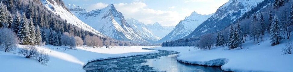Obraz premium Snow-covered mountains with a frozen river flowing through the valley, peaceful, alpine