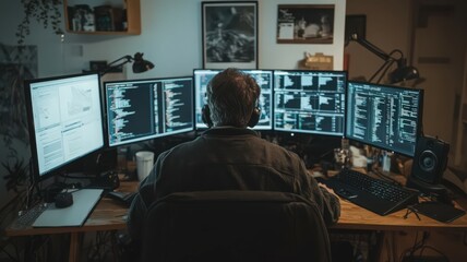 Person Working Late at Home Office with Multiple Computer Screens
