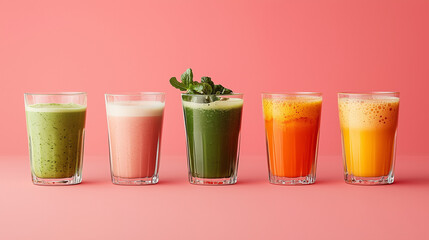 Five colorful fresh smoothies and juices in glasses on a pink background.