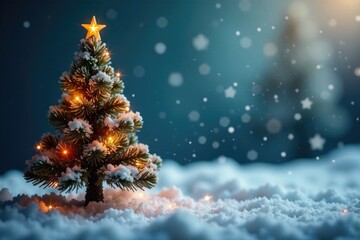 Small Christmas tree with garland lights in snowy scene, snowflakes, cozy, sparkly