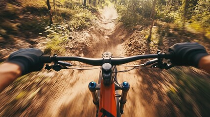 Downhill Mountain Biking with a POV Perspective Featuring a Forest Trail on a Sunny Day