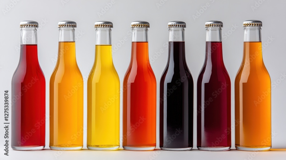 Poster assorted colorful beverage bottles arranged in a row against a neutral background