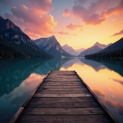 Obraz premium serene mountain lake with wooden dock at sunset, reflections, peaceful, docks