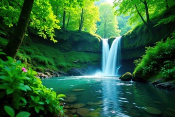 Obraz premium River with lush greenery and a waterfall backdrop, forest, nature