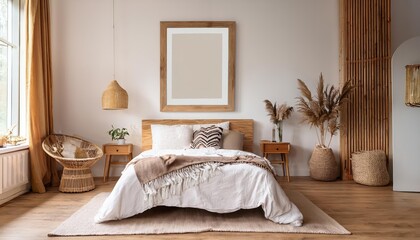 ScandiBoho BohoChic Bedroom Interior White Walls and Natural Wood Furniture in a Mockup Frame, Embracing Cozy Ambiance and Organic Elegance