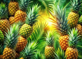 Fototapeta premium Sun-drenched pineapple and palm leaves intertwine in a striking double exposure, a summery photographic masterpiece.