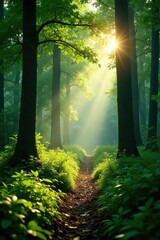 Obraz premium Quiet morning in a forest glade with sunlight filtering through trees, foliage, serene, greenery