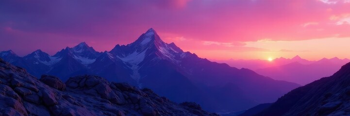 Obraz premium Purple twilight sky over a mountain range at sunset, evening, nature, rock