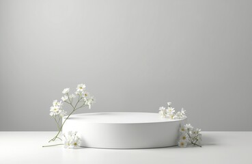 Abstract empty white podium and white flowers on grey background. Mock up stand for product presentation. Minimal concept showcase for cosmetic. 3D render template.