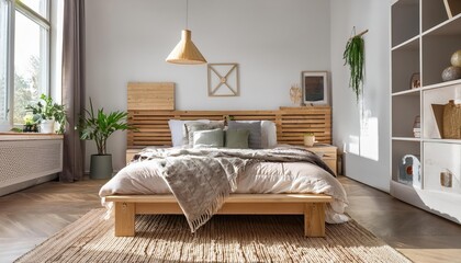 Contemporary Scandinavian Bedroom Interior with Cool Minimalist Design and Warm Neutral Tones, Embracing a Clean, Modern Aesthetic.