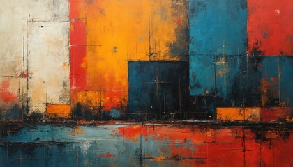 Abstract art with geometric shapes, distressed textures. Orange, red, black, white, blue colors. Modern contemporary grunge design with brush strokes, lines, and paint splatters on canvas background.