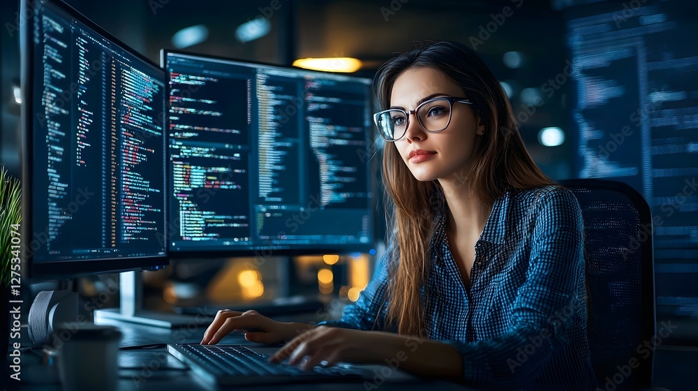 Poster photograph of a female software engineer sitting at her workstation coding on multiple computer scre