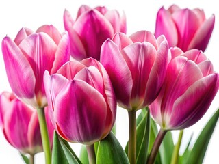 Naklejka premium Spring's arrival: A captivating close-up of isolated pink tulips against a soft floral backdrop.
