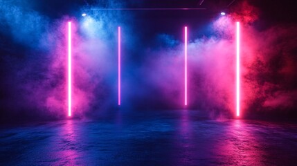 Vibrant Neon Lights with Colorful Fog in Dark Room Setting