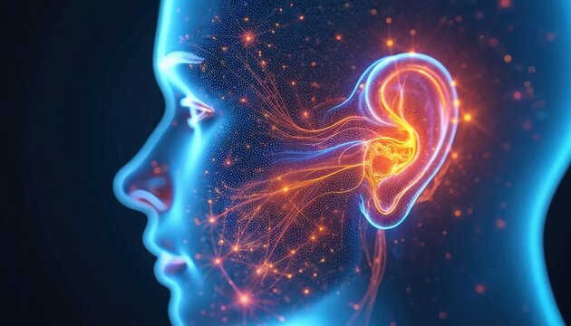 Vibrant illustration of human ear anatomy, glowing mesh of neural connections. Outer, middle, inner ear detailed design. Medical, science resource for healthcare professionals. Auditory system