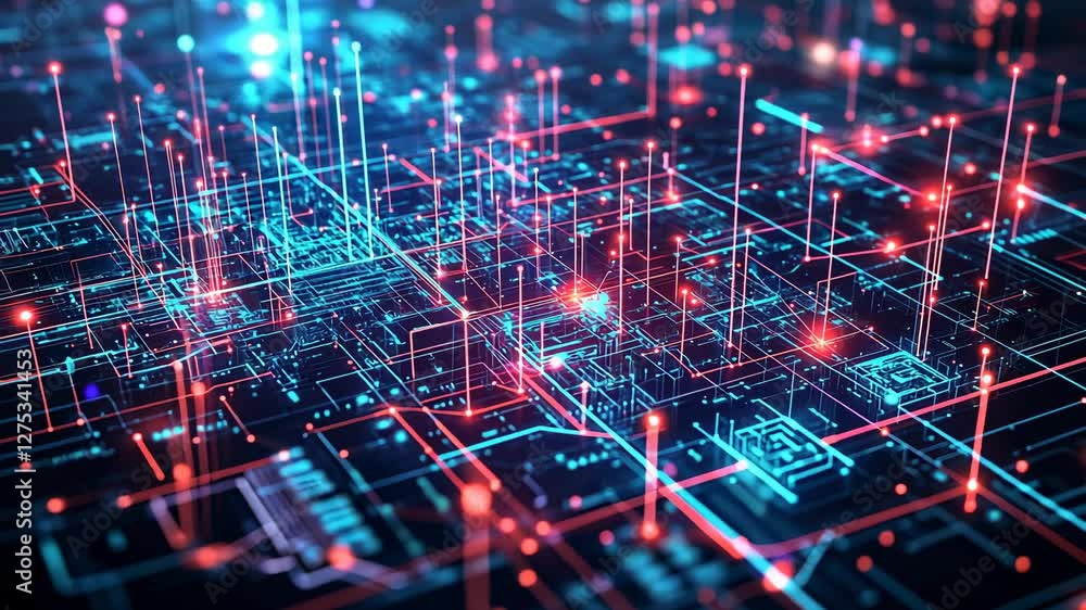 Aufkleber futuristic circuit board animation, high-tech data flow visualization and transmission