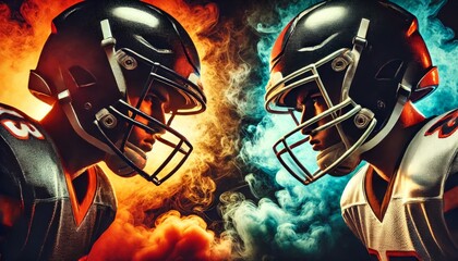 Intense Face-off between Two American Football Players in Smoke