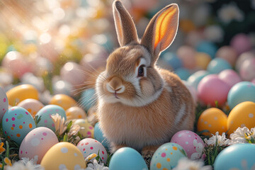 Adorable Bunny Surrounded by Easter Eggs and Spring Flowers