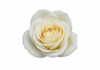 This image features a pristine white rose, its petals fully open and its stem clearly visible against a clean white backdrop