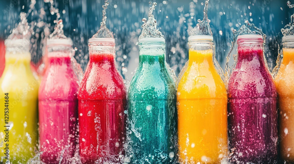 Poster vibrant array of colorful beverages splashing in water, showcasing refreshment and joy