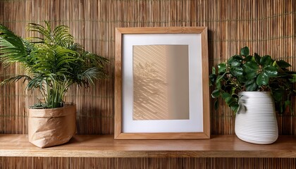 Scandinavian Interior Room with Mockup Photo Frame on Brown Bamboo Shelf, Enhanced by Beautiful Plants and Earthy Ambiance
