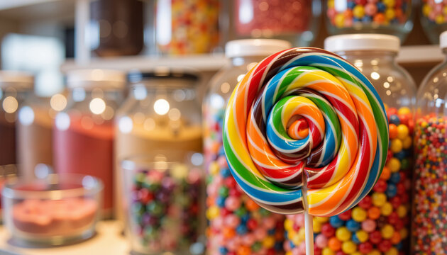 Vibrant rainbow swirl lollipop in candy store, sweet indulgence