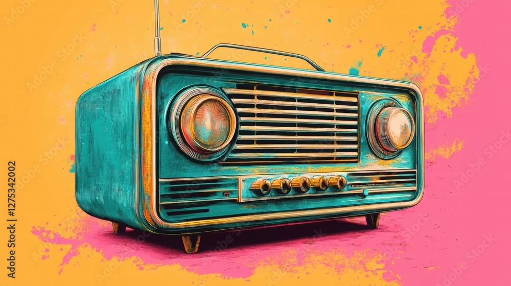 Poster retro pop art style radio with vibrant colors and unique design elements