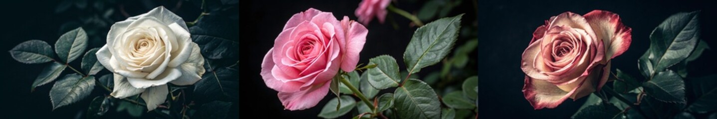 Fototapeta premium Soft white and pink roses, highlighting delicate petals and greenery.