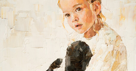 Portrait of a little cute girl. Child's face on a white background. Oil painting on canvas. © Mariia