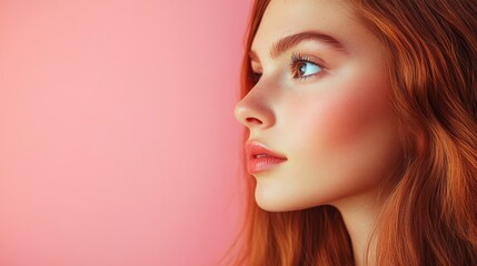 Fototapeta premium Captivating Profile of a Young Woman with Long Red Hair Against a Soft Pink Background