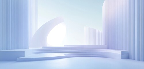 Abstract light blue minimalist 3D rendering of a curved stage with pillars and steps.