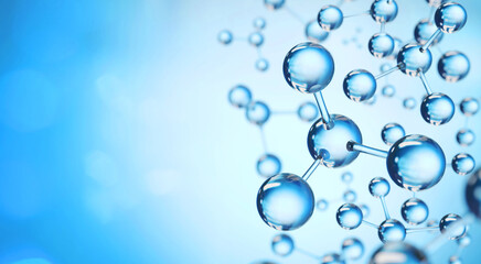 Abstract molecular structure representation with blue transparent spheres, symbolizing chemistry, science, and technology