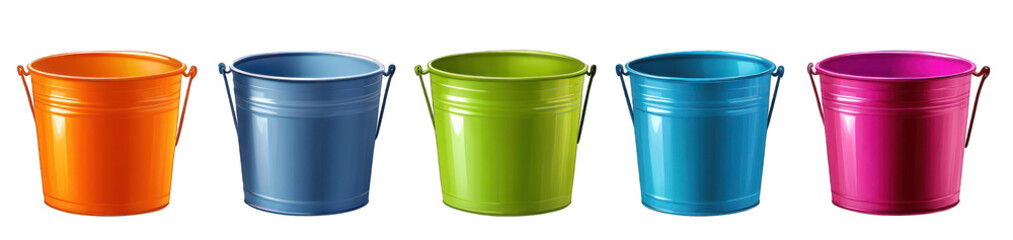 set of small tin metal buckets in bright colors side handles top angle isolated on transparent background