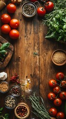 Rustic kitchen, tomatoes, herbs, spices