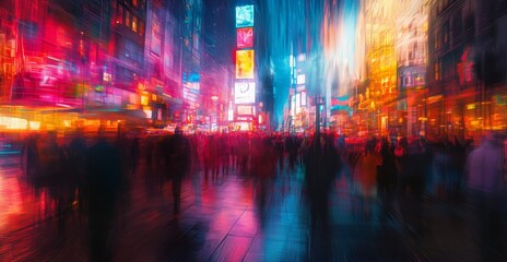 Vibrant Neon City Street at Night with Motion Blur and Crowds