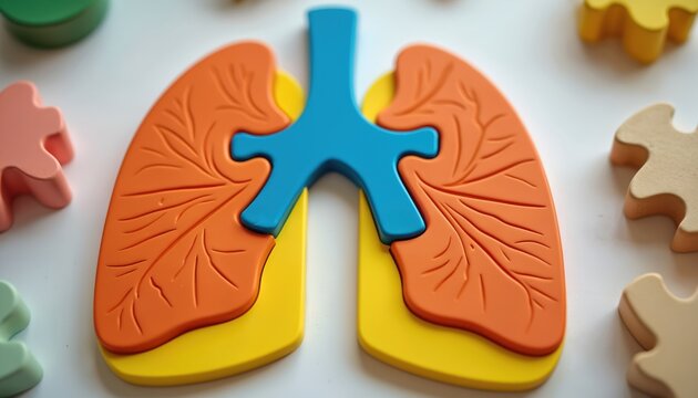 Colorful child toy puzzle of lung anatomy educational game for children, interactive learning. Helps kids learn about health, science, develop brain, skills, imagination, creativity.