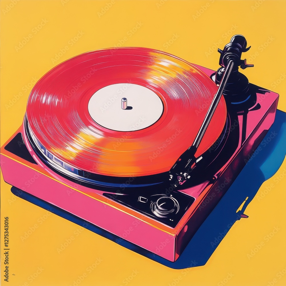 Poster vibrant pop art of a retro record player with bright colors and bold design elements
