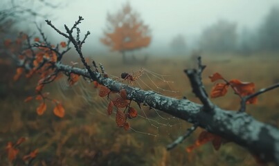 Spiderweb with Dew Drops on Misty Autumn Branch