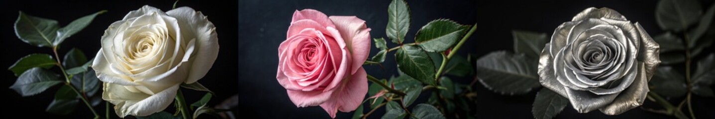 Three delicate roses in subtle and metallic shades.