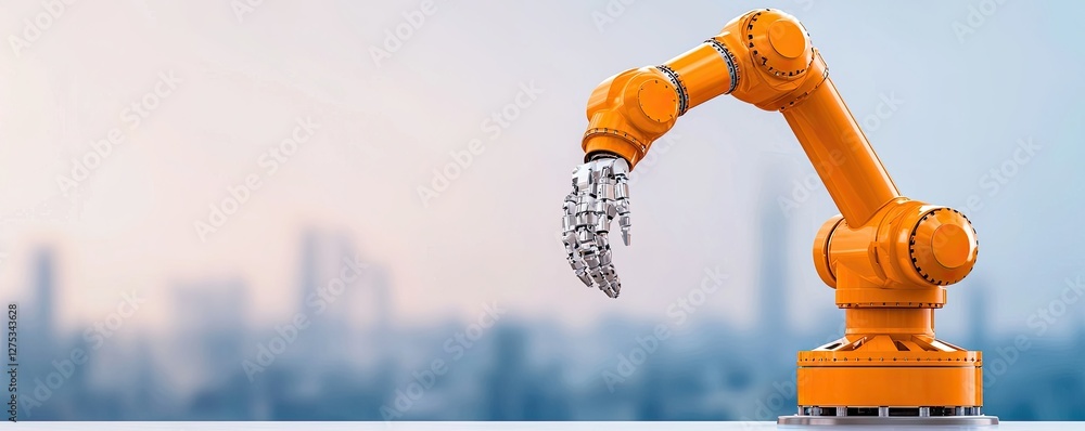Poster a robotic arm with a metallic hand extends against a blurred urban backdrop, symbolizing automation 