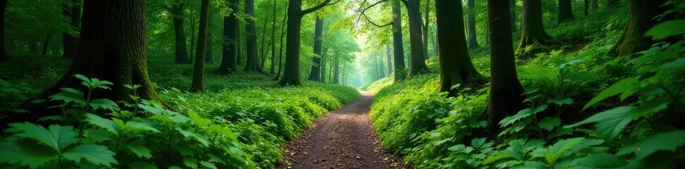 Naklejka premium Overgrown coniferous forest path with dense foliage and vines, trees, forest floor, wilderness