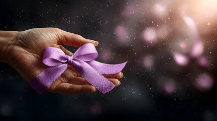 Closeup of a hand gently holding a purple ribbon the symbolic color of International Women s Day against a softly blurred background providing ample copy space for text or design elements