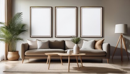 Elegant Living Room Showcasing Empty Canvas Frames, Ready for Artistic Expression or Personal Touches, Enhancing Modern Interiors with Neutral Minimalism.