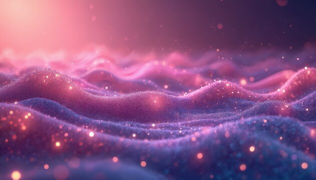 Vivid liquid glowing waves and shiny particles abstract background. Generative AI art in violet, purple and pink shiny colors with bokeh, grain, grunge effects. - Powered by Adobe