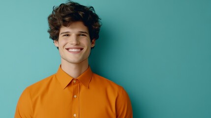 Fototapeta premium Young man smiling brightly in orange shirt against vibrant turquoise background, showcasing joy and confidence
