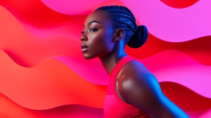 Beautiful young woman in vibrant fitness wear on colorful wavy background showcasing athleticism and confidence in a modern aesthetic
