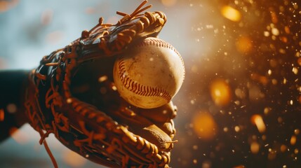 A close-up of a baseball player’s glove catching a ball during playoffs. Featuring focus and action