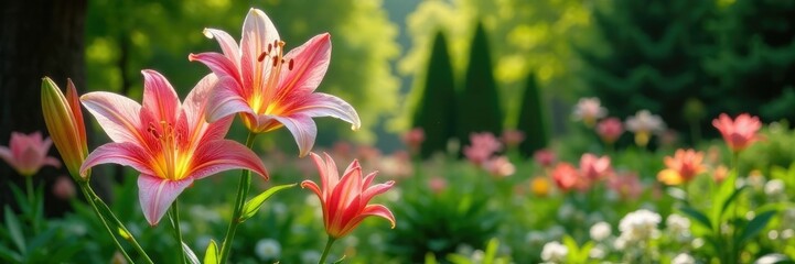 Madonna lilies in a garden with other plants and trees, flora, landscape, foliage